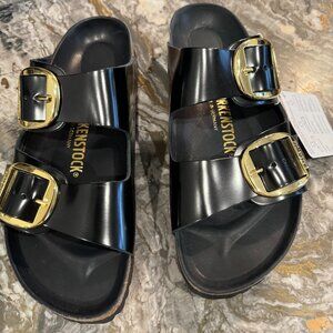 Birkenstock Arizona Big Buckle, High-Shine Black, Size 39, Narrow Fit